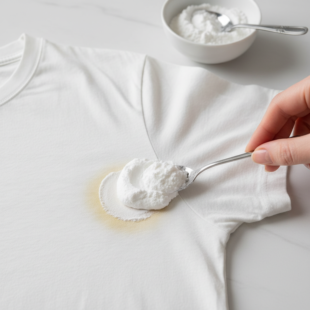 A close-up, professional studio photograph of a white fabric surface, possibly a t-shirt armpit area, exhibiting a noticeable yellow sweat stain. A hand is meticulously applying a thick, white paste, made from baking soda and a few drops of water, directly onto the center of the yellow discoloration. A small bowl filled with white baking soda powder and a mixing spoon are visible in the slightly blurred background, indicating the ingredients. The lighting is soft and even, highlighting the texture of the fabric and the paste.
