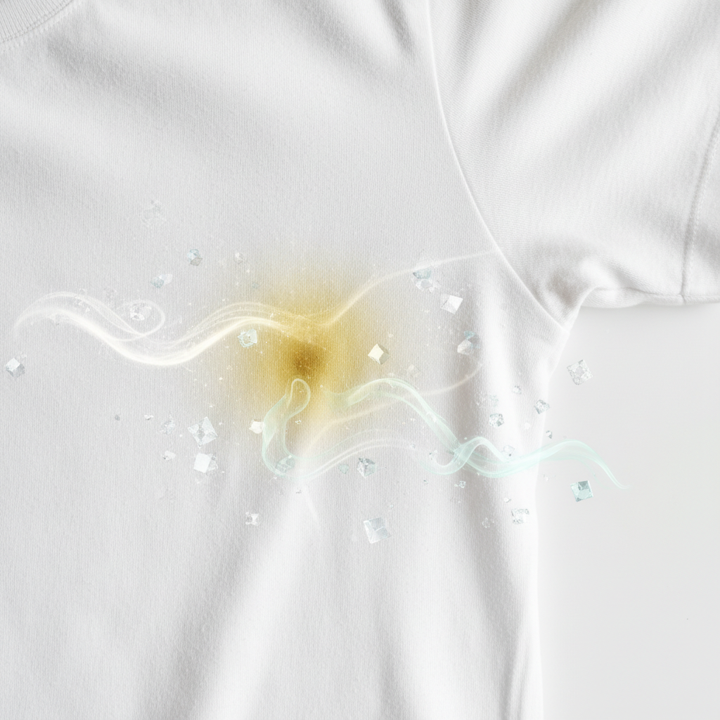 A close-up, high-definition professional photo of the armpit area of a pristine white t-shirt, marred by a distinct, concentrated yellow sweat stain. The fabric should show subtle texture. Surrounding the stain, abstract, ethereal visual elements float or emanate, subtly suggesting the causes: a shimmering, almost invisible aura representing sweat, tiny crystalline structures hinting at aluminum salts, and faint, wispy organic shapes symbolizing proteins reacting. The overall impression is one of a clean garment facing a stubborn, scientifically explained problem.