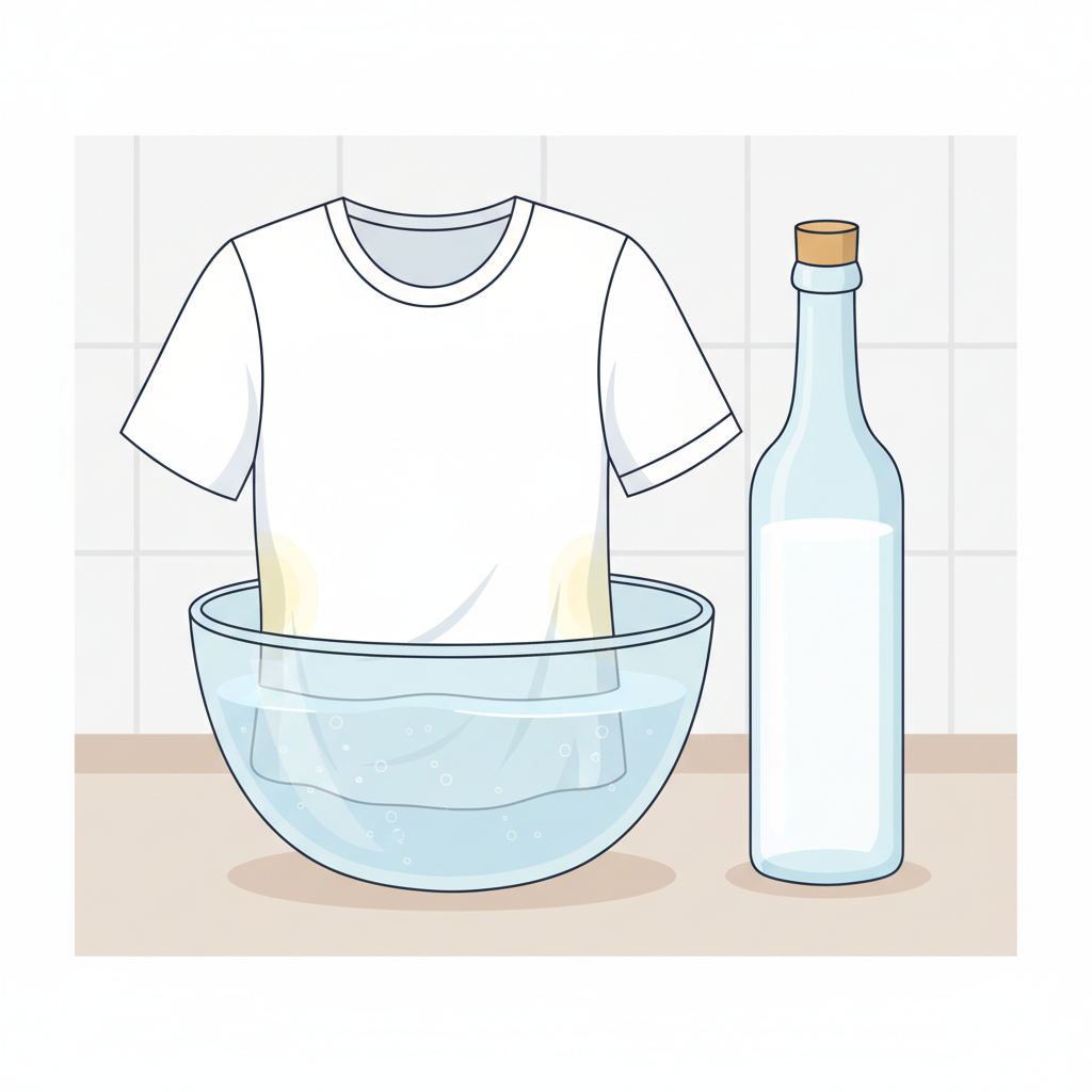 A brightly lit, clean flat illustration depicting the first step of removing yellow sweat stains. A partially submerged white t-shirt with a faint yellow stain is visible in a clear, modern glass bowl filled with a water-like solution. Next to the bowl, a simple, elegant bottle of white vinegar stands prominently, its shape easily recognizable. The composition should convey a sense of calm effectiveness and home remedy. The background is minimalist, perhaps a soft, light-colored surface, emphasizing the cleaning process.