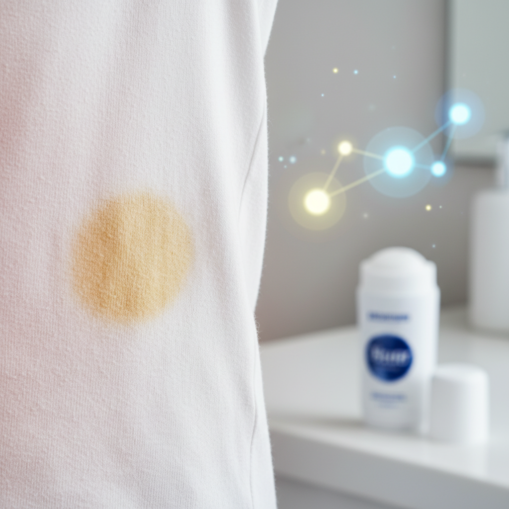 A close-up, high-definition photo of a crisp white cotton t-shirt with noticeable, circular yellow sweat stains under the armpit area. The fabric fibers should be visible, highlighting the embedded nature of the stain. In the background, subtly out of focus, there could be a visual hint of a deodorant stick and a tiny, abstract representation of molecules or particles, suggesting the chemical interaction that causes the stains. The overall mood should convey frustration but also the possibility of a solution. Professional product photography style.
