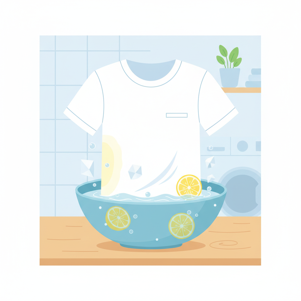 A clean, bright flat illustration depicting the process of using citric acid to remove sweat stains. In the foreground, a white t-shirt, clearly showing a faded yellow armpit stain, is submerged in a glass or ceramic bowl filled with water. Floating nearby or subtly dissolving into the water are stylized representations of citric acid crystals or slices of lemon. The background should be minimalist, suggesting a bathroom or laundry setting, emphasizing simplicity and effectiveness. The overall aesthetic should be fresh, hopeful, and easily understandable.