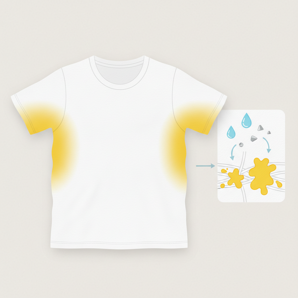 A white t-shirt or shirt, clearly displaying prominent yellow sweat stains beneath the armpit regions. Adjacent to the garment, a simplified, abstract diagram illustrates the chemical reaction: stylized sweat droplets and small, geometric representations of aluminum particles from deodorant visually merging and depositing yellow discoloration onto textile fibers. The illustration uses a modern, clean flat design with a subtle textile texture on the shirt, emphasizing the stark visual contrast between the bright white fabric and the stubborn yellow stains.