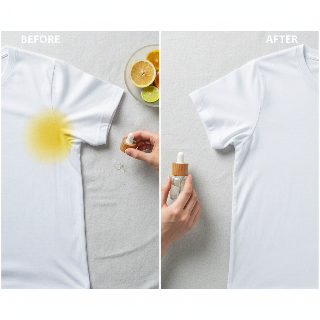 A visually striking side-by-side comparison. On the 'before' side, a pristine white t-shirt is depicted with a distinct, prominent yellow sweat stain under one armpit. On the 'after' side, the same t-shirt appears immaculately clean, its white fabric restored to brightness with the yellow stain completely gone. In the middle, a human hand is gently applying a clear liquid, possibly from a bowl containing citrus elements, onto the stained area, suggesting the cleaning process. Realistic, professional product photography style with soft lighting.