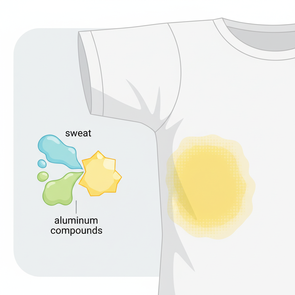 A detailed, close-up flat illustration of the armpit area of a white t-shirt, clearly showing a distinct, circular yellow sweat stain. The fabric texture should be subtly visible. Adjacent to or subtly integrated into the background, abstract, simplified visual elements represent the chemical reaction: two different colored, amorphous shapes (representing sweat and aluminum compounds) merging and transforming into a new, yellowish, somewhat crystalline or solidified shape. The overall color palette should be clean, focusing on whites, light grays, and the contrasting yellow, with subtle scientific blue or green accents for the chemical elements.
