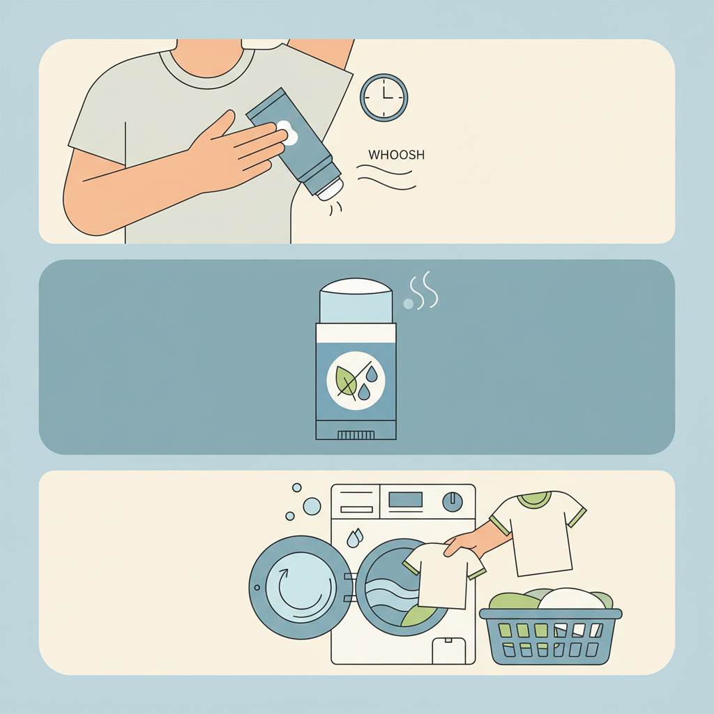 An infographic-style flat illustration showcasing multiple preventative actions against yellow sweat stains. The composition should be divided into 3-4 distinct, clear panels or sections. One section depicts an arm applying a small, appropriate amount of deodorant and letting it dry before dressing. Another section shows a stylized deodorant stick with a universally recognized symbol for 'natural' or 'aluminum-free' (e.g., a green leaf or a subtle 'no' sign over an aluminum molecule shape). A third section displays shirts being placed into a washing machine or laundry basket, implying frequent washing. The style should be clean, approachable, and use a limited, soft color palette.