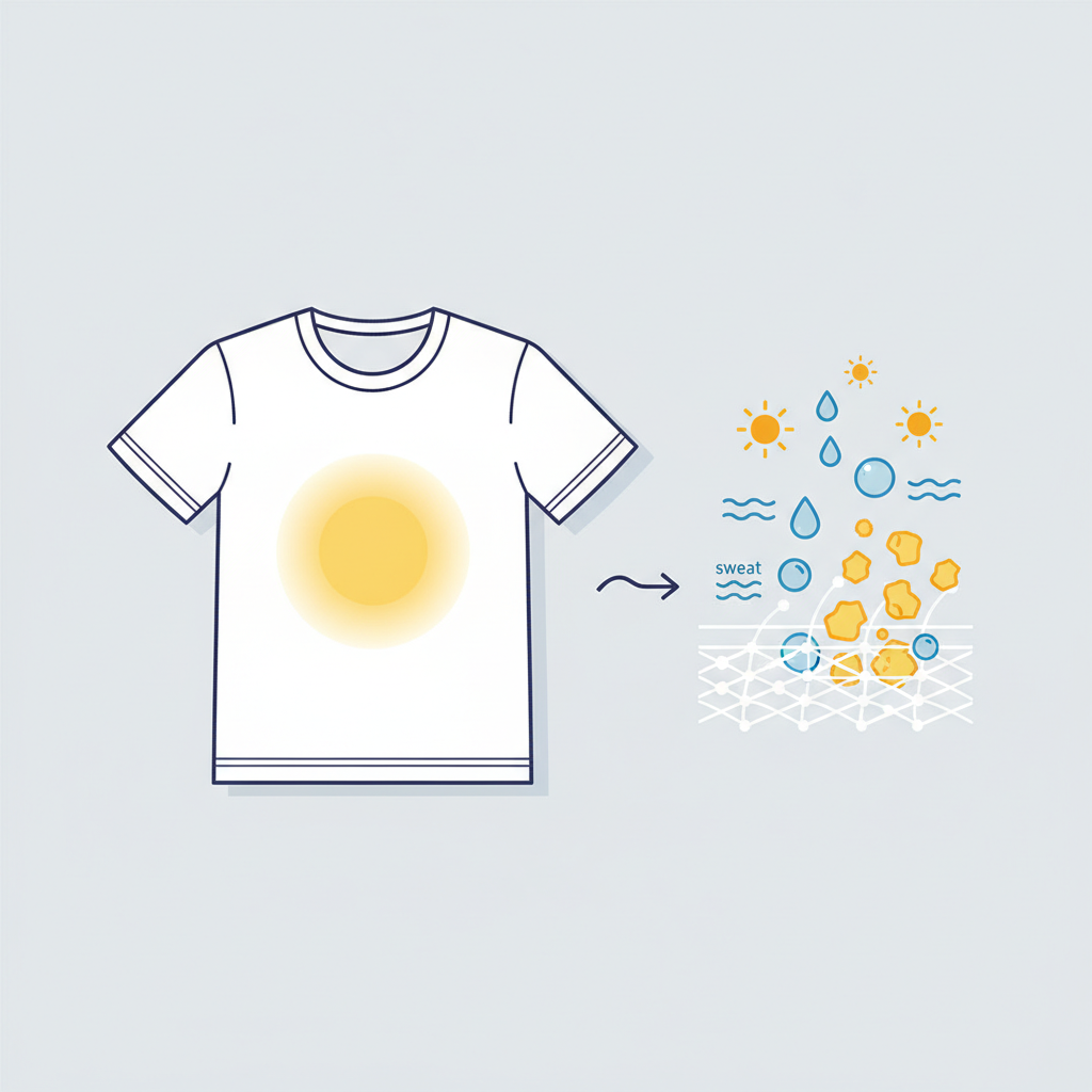 A bright white t-shirt with a noticeable, circular yellow sunscreen stain on it, lying on a clean surface. Next to it, a simplified, abstract visual representation showing tiny, stylized sunscreen molecules (e.g., small sun icons or drops) interacting with abstract 'sweat' or 'body oil' molecules (e.g., water droplets or oil slicks). This interaction should visually demonstrate them transforming into yellowish, stubborn particles becoming embedded within the fabric fibers. The overall mood should be clean and informative, using a flat illustration style with an infographic feel.