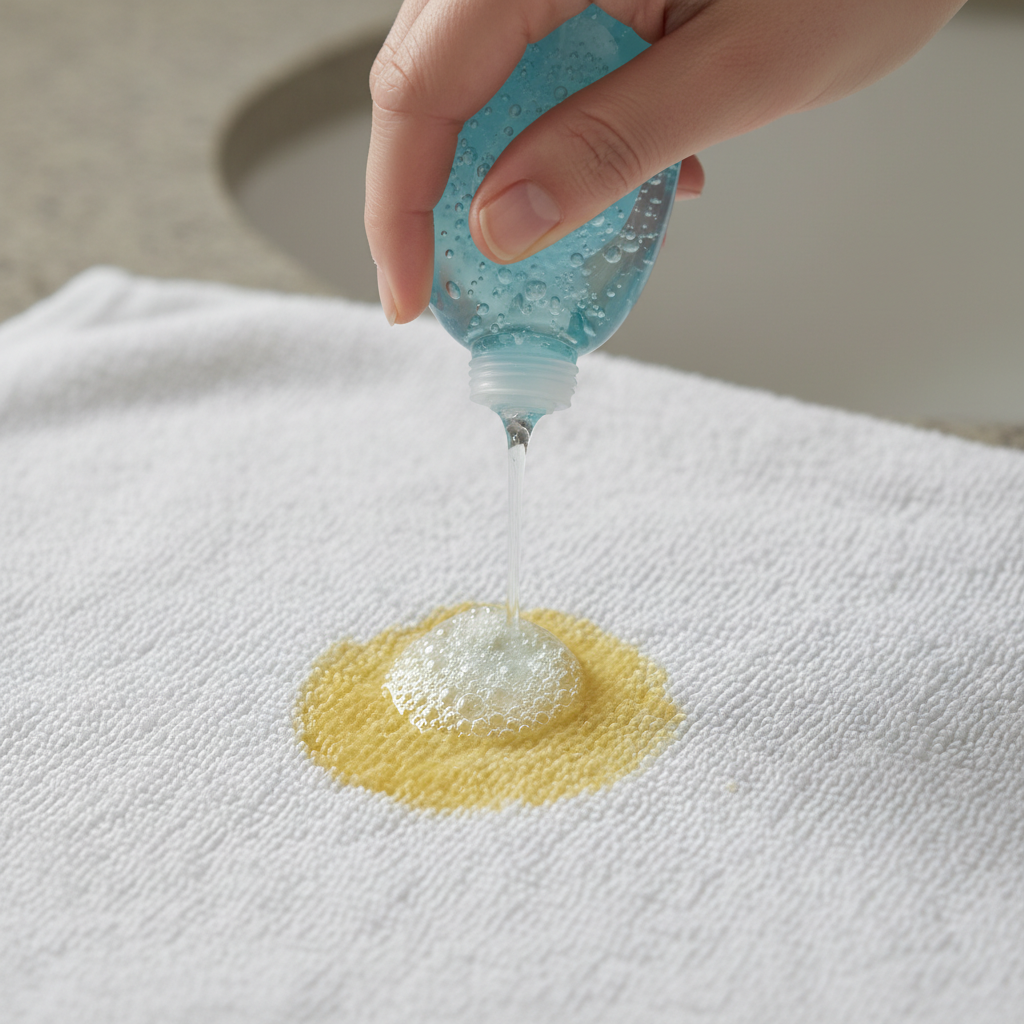 A close-up, top-down professional photo showing a hand gently applying a small amount of liquid dish soap directly onto a distinct yellow sunscreen stain on a light-colored fabric, such as a white t-shirt or towel. The dish soap should be a clear or light-colored gel, creating a subtle lather or bubble effect as it's worked into the fabric. Visible fabric fibers and the stain should be clearly present before the soap fully covers it. The background should be softly blurred, focusing entirely on the stain treatment action.