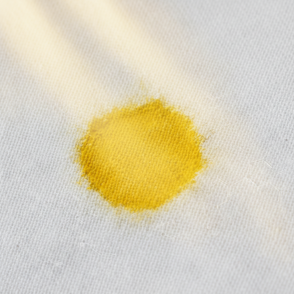 A professional, slightly macro photo focusing on a piece of light-colored fabric, such as white cotton, displaying a distinct, vivid yellow sunscreen stain. Subtle, abstract visual elements, like soft sun rays or faint heat lines, emanate from above, suggesting the influence of sun and warmth. Miniature, abstract chemical structures or molecular shapes are subtly overlaid on the stained area, visually interacting with the fabric fibers to illustrate the chemical reaction causing the discoloration. The background is gently blurred to maintain focus on the stained fabric.