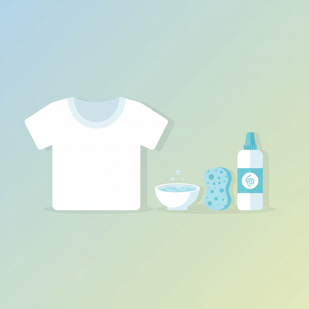 A clean, bright flat illustration in a modern, friendly style. The scene depicts a pristine, folded white t-shirt on one side, appearing completely spotless. Adjacent to it, arranged neatly, are abstract representations of common stain removal tools: a small, simple white bowl filled with a clear liquid, a soft cleaning brush or sponge, and a generic, unbranded bottle of cleaning solution. The overall composition suggests effective cleaning or preventative measures, emphasizing cleanliness and solutions.