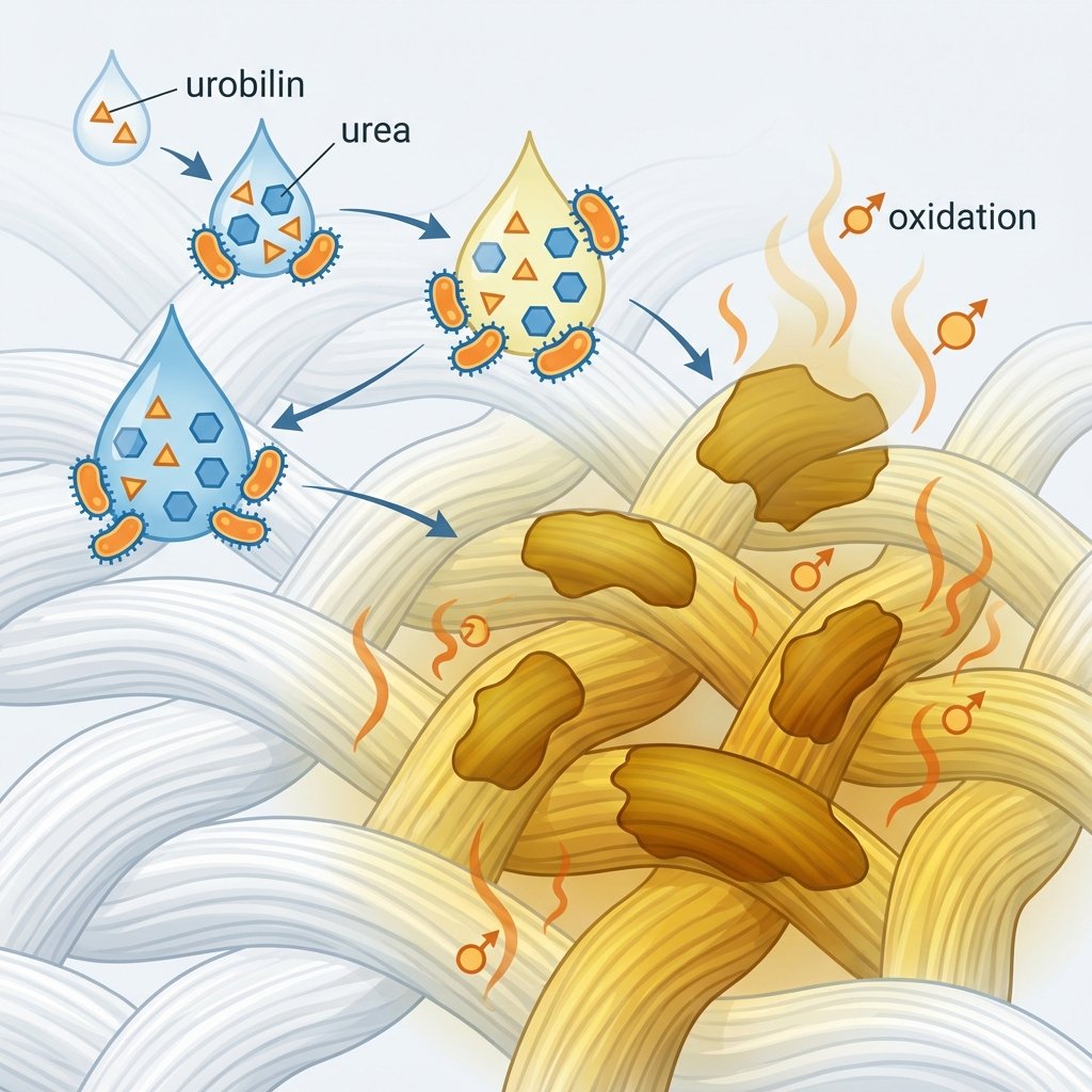 A detailed infographic-style illustration depicting the microscopic process of a yellow urine stain forming on fabric fibers. Show stylized urine droplets containing various components like urobilin and urea. Illustrate bacteria symbols breaking down these components, leading to a visible yellow discoloration deeply embedded within the fabric strands. Highlight oxidation occurring around the fibers, intensifying the yellow hue. The background should be a magnified, slightly textured view of textile fibers. The overall aesthetic should be clean, scientific, and easily understandable, using a limited color palette of whites, blues (for fresh urine), and progressing to yellows/browns for the stain.