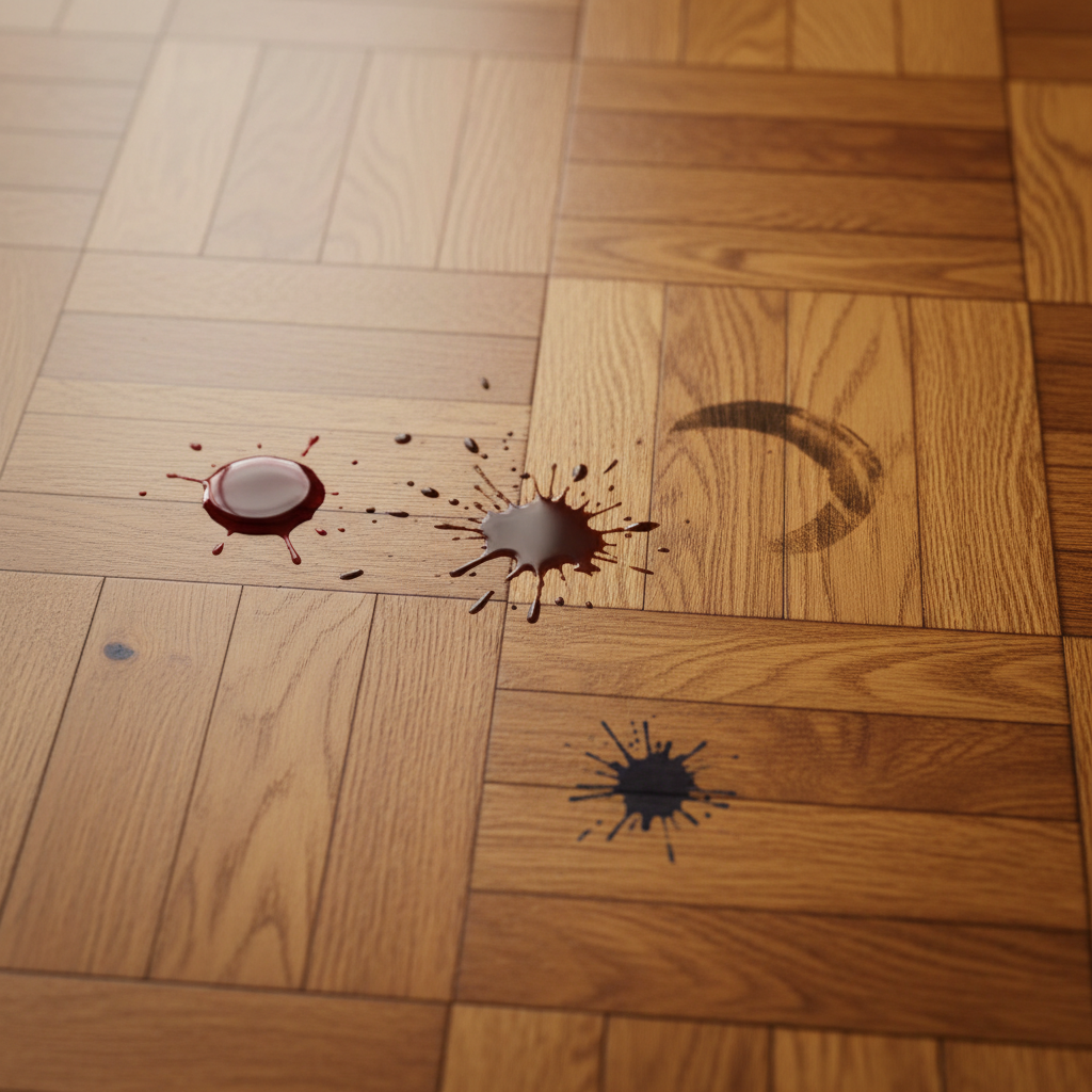 A close-up, high-angle professional photo of a beautiful, warm-toned oiled parquet floor. The natural wood grain is clearly visible, showcasing its rich texture and inherent beauty. Strategically placed on different planks are small, distinct representations of common stains: a spilled drop of red wine, a splash of coffee, a dark shoe scuff mark, and a small ink blot. The focus is on the contrast between the pristine wood and the various imperfections, conveying the article's core challenge in a realistic, appealing manner with excellent lighting.