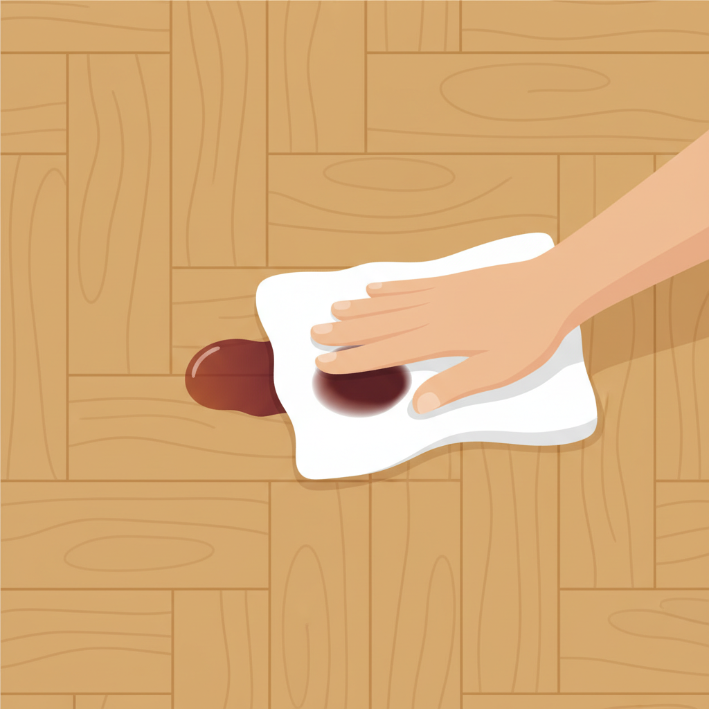 A vibrant, clean flat illustration depicting a smooth, light-brown oiled parquet floor. A small, dark liquid spill (e.g., coffee or wine) is visible on one of the floorboards. A human hand, entering from the side, is gently dabbing the spill with a clean, white microfibre cloth or paper towel. The action clearly demonstrates absorption rather than rubbing, emphasizing the crucial 'act fast' principle for stain removal. The background is simple, focusing attention on the hand, cloth, spill, and detailed parquet floor texture.