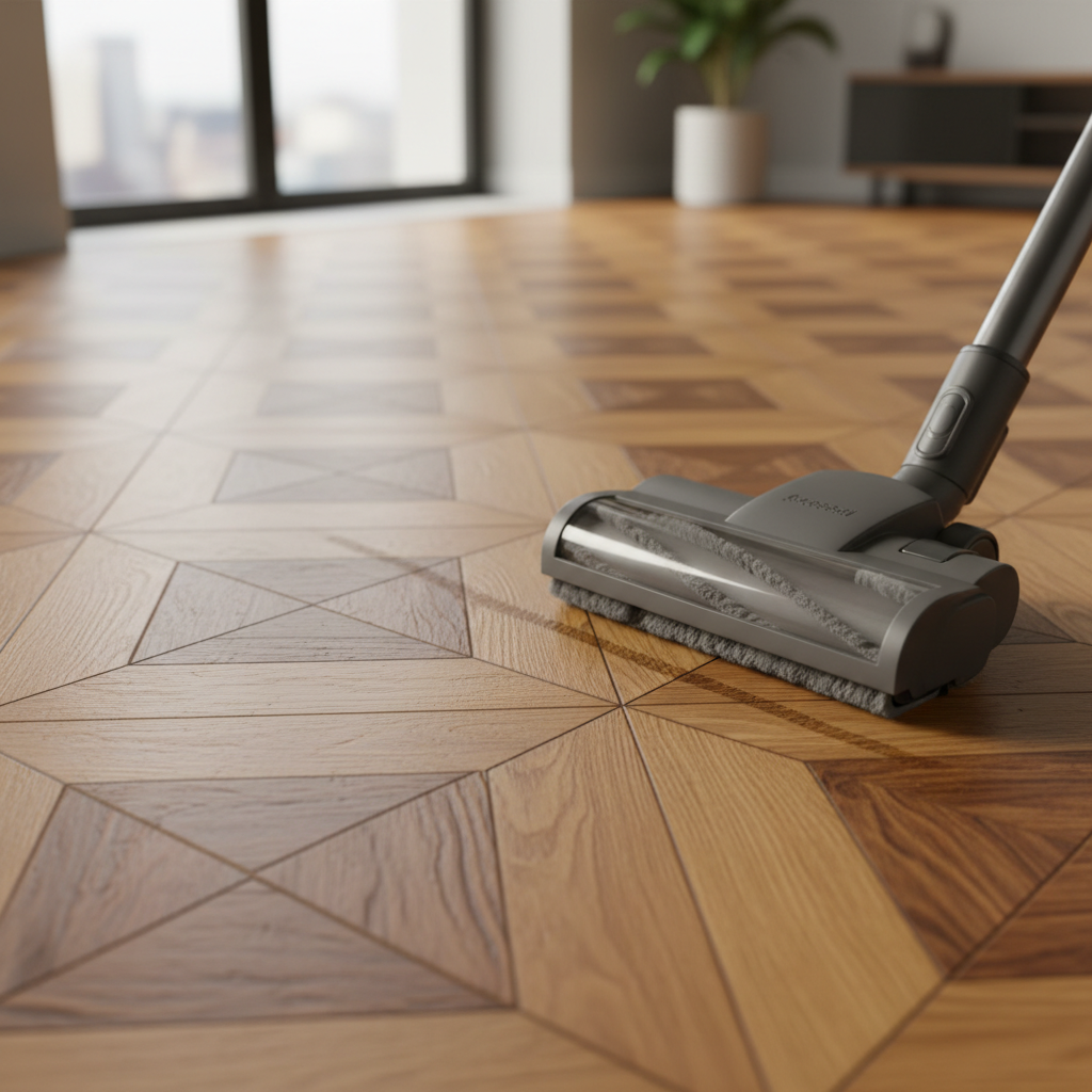A professional, close-up photo of a pristine oiled parquet floor. A modern, soft-bristled broom or a specialized vacuum cleaner head is gently moving across a section of the floor, demonstrating proper daily cleaning technique. The parquet planks exhibit a warm, inviting glow, highlighting their natural grain and reflecting ambient light softly. The emphasis is on gentle, effective care, showing the tools in action without any signs of wear or damage, suggesting the longevity preserved by correct methods.