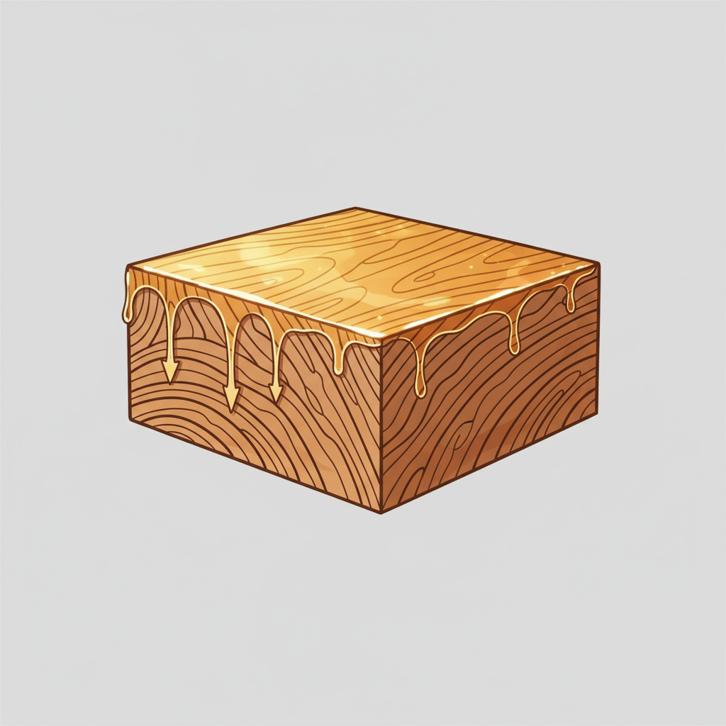 A detailed, infographic-style illustration depicting a cross-section of an oiled parquet floor plank. The illustration shows the intricate wood grain and cell structure, with a protective, golden-amber oil layer visibly penetrating deep into the wood's open pores. The surface of the wood has a subtle, natural sheen. The visual should clearly communicate the concept of internal protection, where the oil preserves the wood from within, maintaining its breathability and natural aesthetic, against a clean, neutral background.