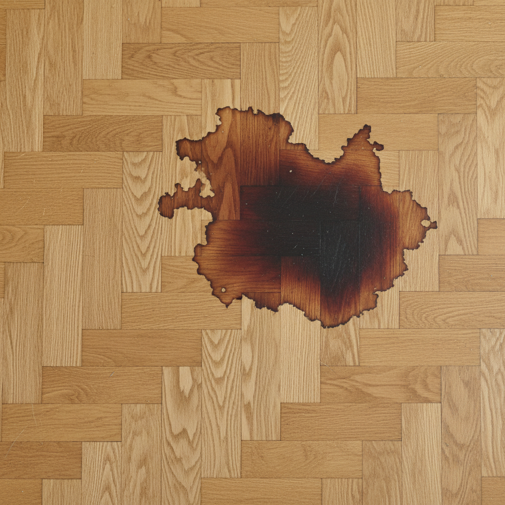 A close-up, high-angle professional photo of a section of a light-colored oak parquet floor. One area of the parquet features a distinct, dark brown to almost black tannin stain, appearing as if from a spilled liquid like coffee or red wine. The rest of the parquet is clean and exhibits a subtle sheen, highlighting the stark contrast with the prominent, unsightly stain. Focus on the texture of the wood grain and the deep discoloration of the stain, emphasizing its presence on an otherwise well-maintained floor, conveying a sense of frustration.