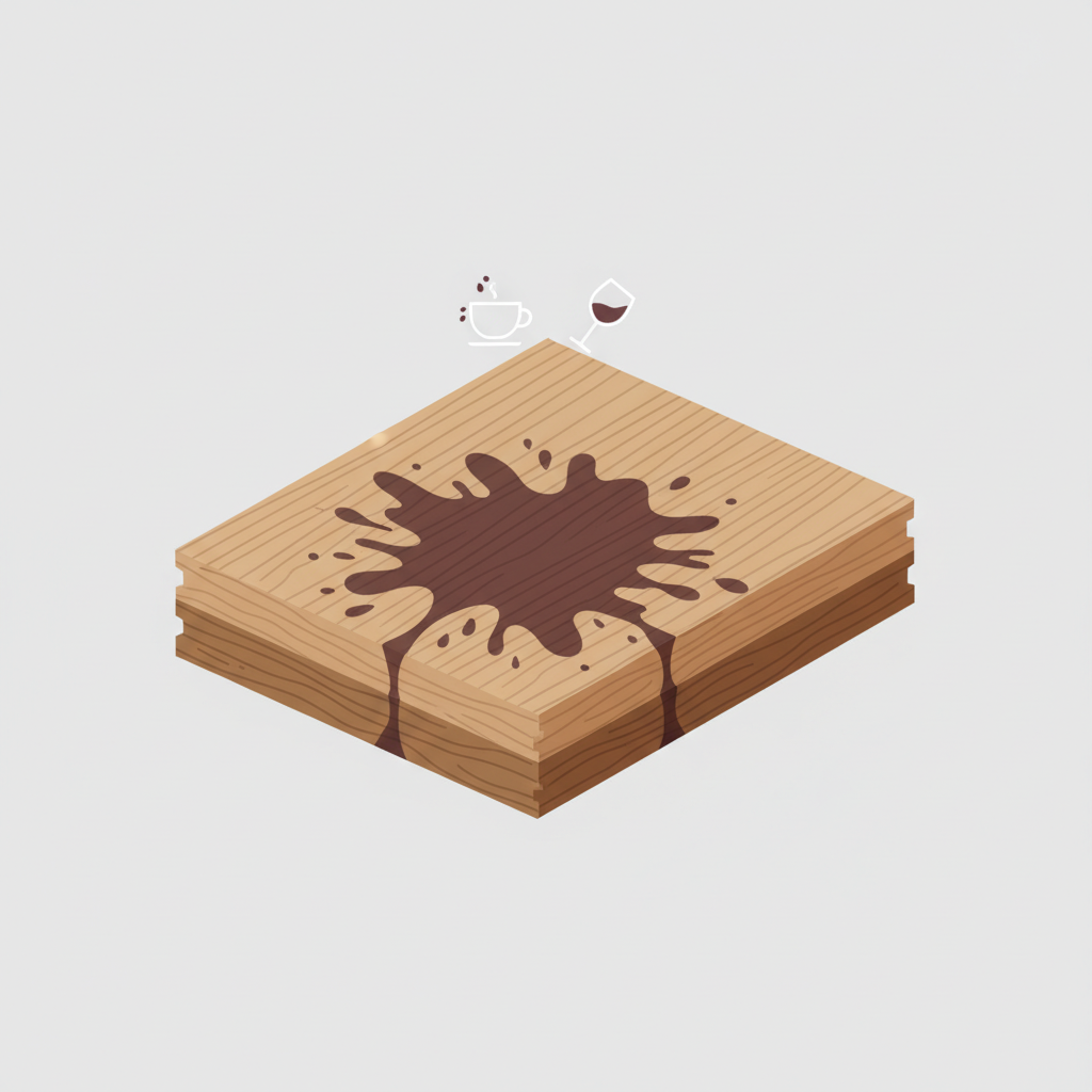 An infographic-style flat illustration depicting a simplified cross-section of a parquet wood plank. The top layer of the wood is visibly affected by a dark, irregular tannin stain that has penetrated deep into the wood fibers, shown as dark lines or splotches extending downwards from the surface. Small, subtle icons representing spilled liquids like coffee or wine are shown interacting with the wood surface at the stain's origin, while the deeper wood beneath the stain remains in its natural, lighter hue. The illustration should clearly convey the non-superficial nature of the stain and its chemical interaction with the wood.
