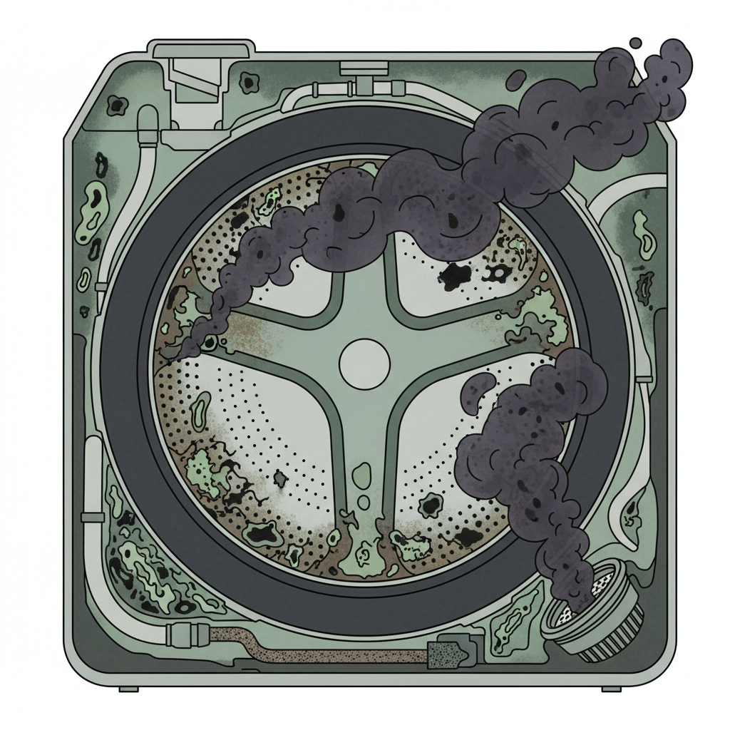 A detailed flat illustration showing a cross-section of a washing machine's interior. Dark, murky vapor visibly emanates from the rubber door seal, the lint filter, and areas behind the drum. Abstract, microscopic forms representing bacteria, mold, and yeast (e.g., green/black splotches, shadowy figures) are clinging to the residues on the drum walls and in the gasket folds. The overall visual emphasizes an unpleasant, unhygienic environment within the machine, contrasting sharply with the expectation of cleanliness.