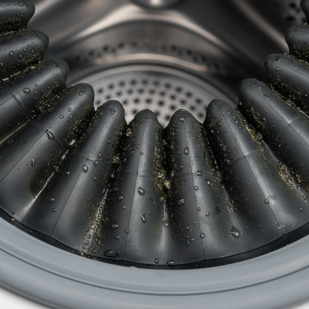 A close-up, realistic photo capturing the dark, moist crevices of a washing machine's rubber door seal (gasket). The rubber is visibly stained with dark, slimy residues and speckles of mildew or grime trapped deep within its accordion folds. Tiny water droplets cling to the surface, highlighting the moisture buildup. The background is softly blurred, hinting at the inside of the washing machine drum, creating a slightly uncomfortable yet informative visual of a common problem area.