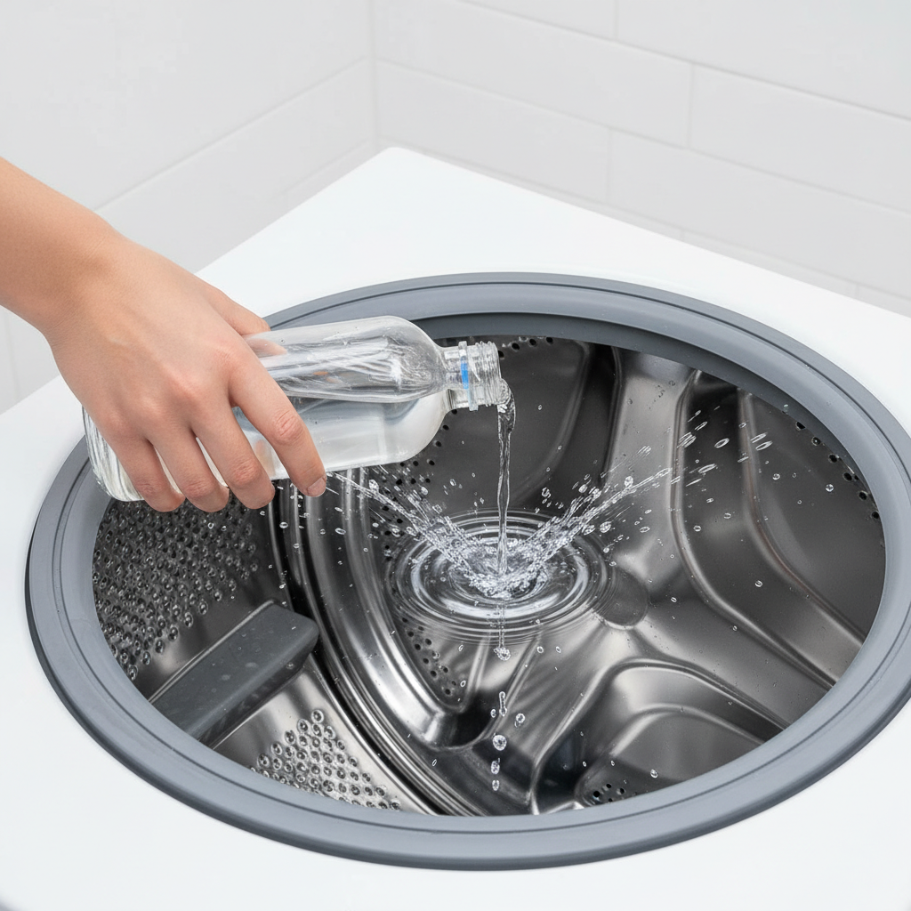 A professional photo showing a pair of hands pouring a clear, colorless liquid from an unlabeled bottle into the open, empty drum of a washing machine. The interior of the drum is clean and shiny, reflecting the bright light. A subtle visual effect of gentle fizzing or a cleansing ripple effect emanates from where the liquid touches the drum's surface. The scene is brightly lit, conveying a sense of active cleaning and restoration.