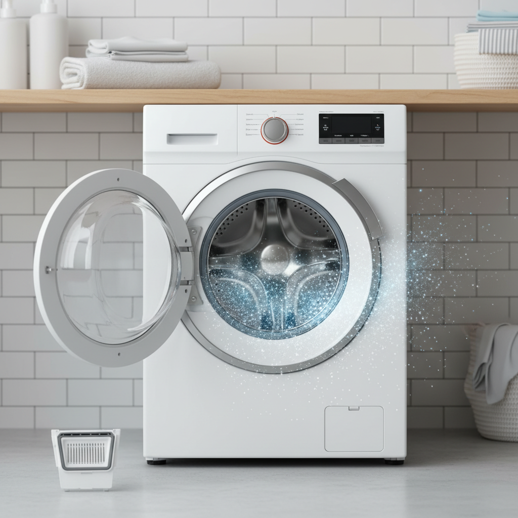 A bright, clean professional photo or 3D render of the front of a modern washing machine. The machine's door is slightly ajar, revealing a pristine, shiny drum interior. A subtle visual effect of fresh, clean air or sparkling freshness emanates from the opening. On top of the machine or nearby, a small, meticulously cleaned lint filter is placed, suggesting proper maintenance. The overall aesthetic is one of hygiene, freshness, and good care, ready for use.