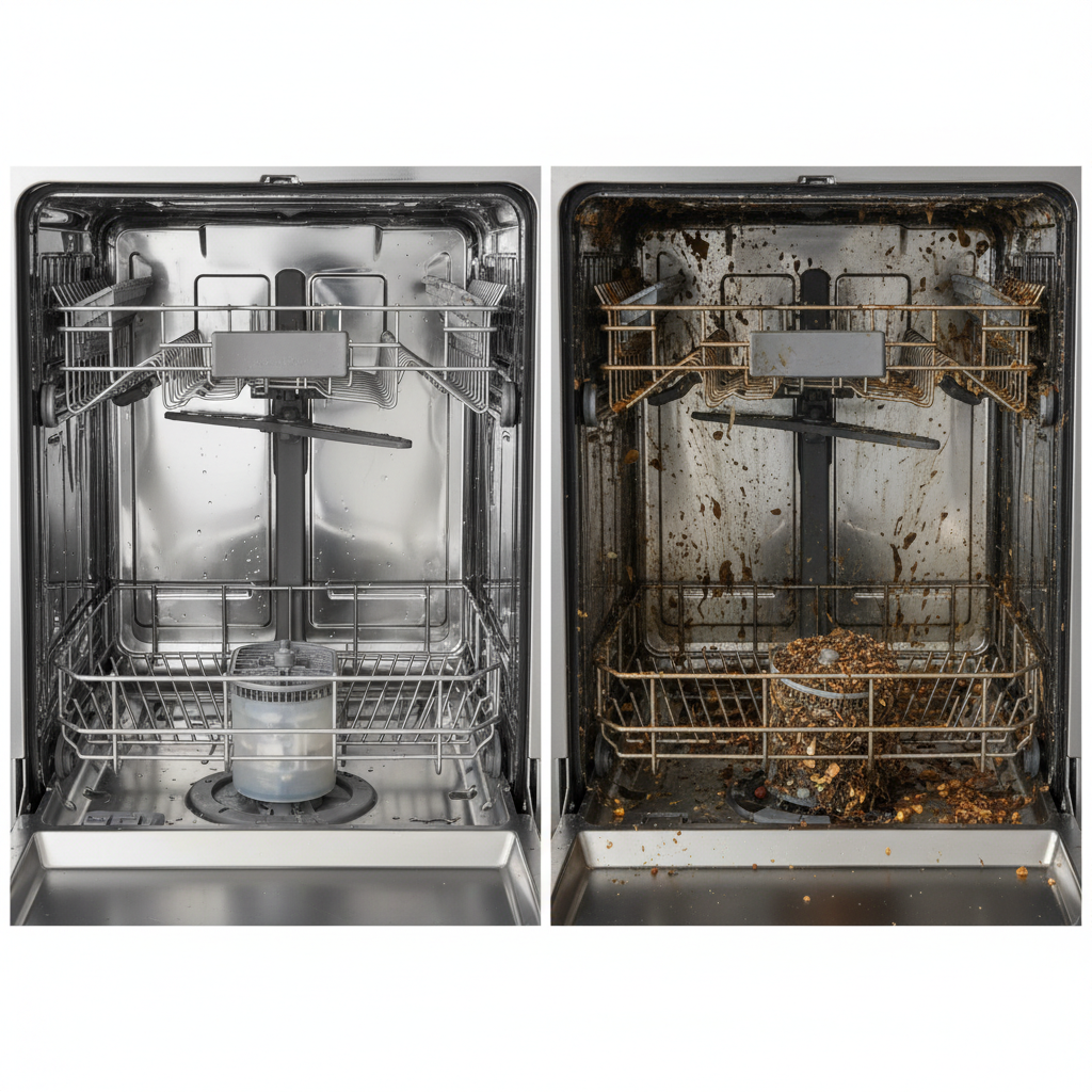 A split-screen or side-by-side comparison. On one side, the interior of a sparkling clean dishwasher, perhaps with the filter clearly visible and pristine, reflecting light. On the other side, the same dishwasher interior looking visibly grimy, with obvious food residues clinging to surfaces and a very dirty, clogged filter. The overall aesthetic should be a professional, high-definition photo, emphasizing the stark contrast in cleanliness and hygiene, suitable for a home appliance blog.
