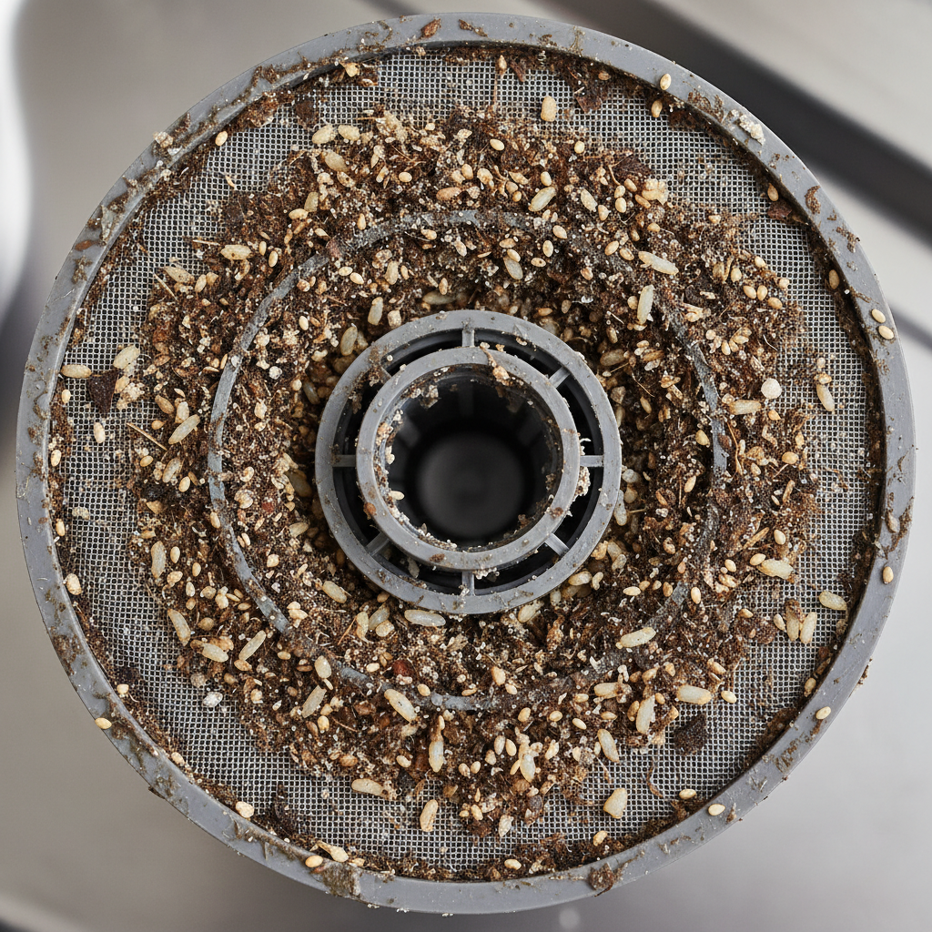 A macro, close-up shot of a dishwasher filter, completely encrusted with dried food particles, grease, and other kitchen debris. The fine mesh of the filter should be clearly visible but heavily clogged, showing distinct bits of food remnants like rice, seeds, and dark, congealed grime. The background is softly blurred to focus all attention on the repulsive state of the dirty filter. This should be a realistic, high-quality product photo, highlighting the necessity of cleaning.