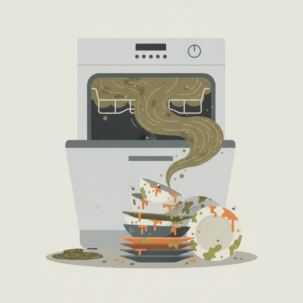 A vibrant, conceptual flat illustration depicting the negative consequences of a neglected dishwasher filter. Show a stylized dishwasher in the background, subtly emanating a swirling cloud of unpleasant green or brown odor. In the foreground, a stack of dishes with visible food spots and residues, perhaps with a small puddle of stagnant, dirty water collecting at the bottom of the dishwasher. The overall mood should be slightly exaggerated to clearly convey the problems mentioned.