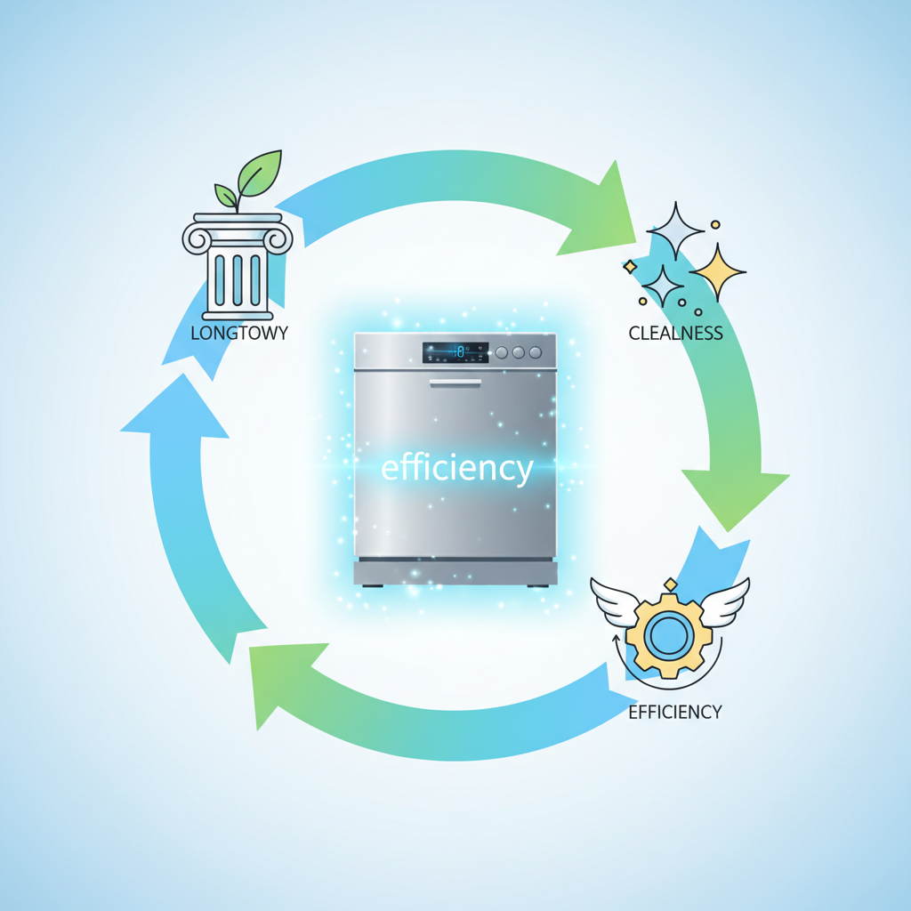 An infographic-style illustration demonstrating the continuous benefits of regular maintenance for a dishwasher. Visualize a clean, modern dishwasher with a subtle, shimmering 'efficiency' aura or glow around it. Around the appliance, depict a cyclical process using smooth, flowing arrows, with small, abstract icons representing key benefits like cleanliness (sparkle icon), efficiency (spinning gear icon), and longevity (strong pillar or leaf icon). The colors should be clean, bright, and harmonious, conveying a sense of organized care and optimal performance.