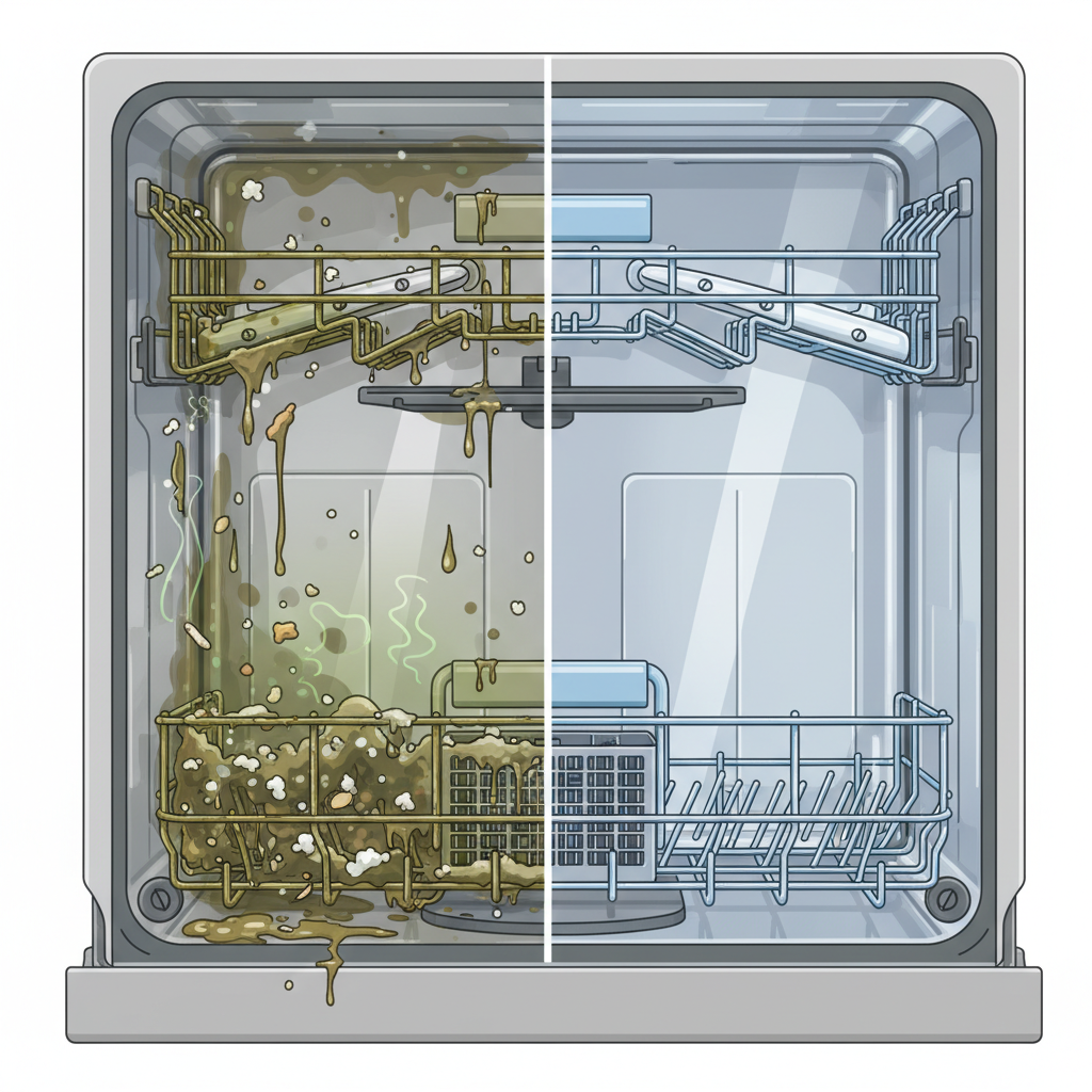 A detailed illustration or cross-section of a dishwasher. One side should visibly depict the accumulation of grime: food particles, grease, and limescale clinging to the filter, spray arms, and interior walls, perhaps with a faint greenish hue suggesting bacteria and unpleasant odors. The other side should show the same dishwasher interior sparkling clean, with polished stainless steel and clear, unblocked components, emphasizing hygiene and efficiency. The style should be a clean, modern flat illustration with a slightly exaggerated contrast to highlight the difference clearly.