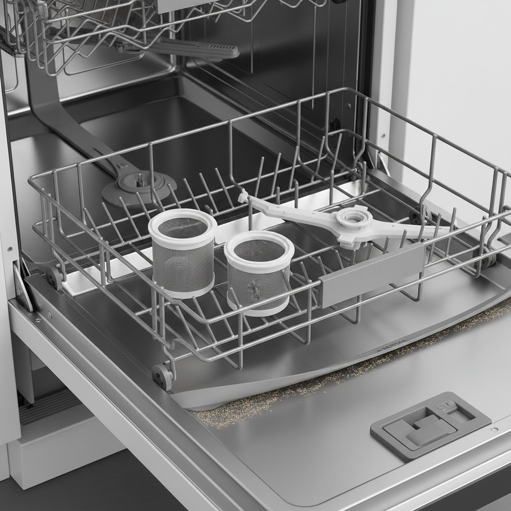 A professional photo from a slightly elevated angle, looking into the interior of a modern, empty dishwasher. The main filter assembly (coarse and fine filters) is carefully removed and placed adjacent to its opening on the lower rack. One of the spray arms is gently detached and resting nearby. The rubber door seal is clearly visible and slightly pulled back to show a small amount of hidden grime. The image should convey a sense of active maintenance, focusing on the key areas requiring attention. Clean, crisp studio lighting is preferred.