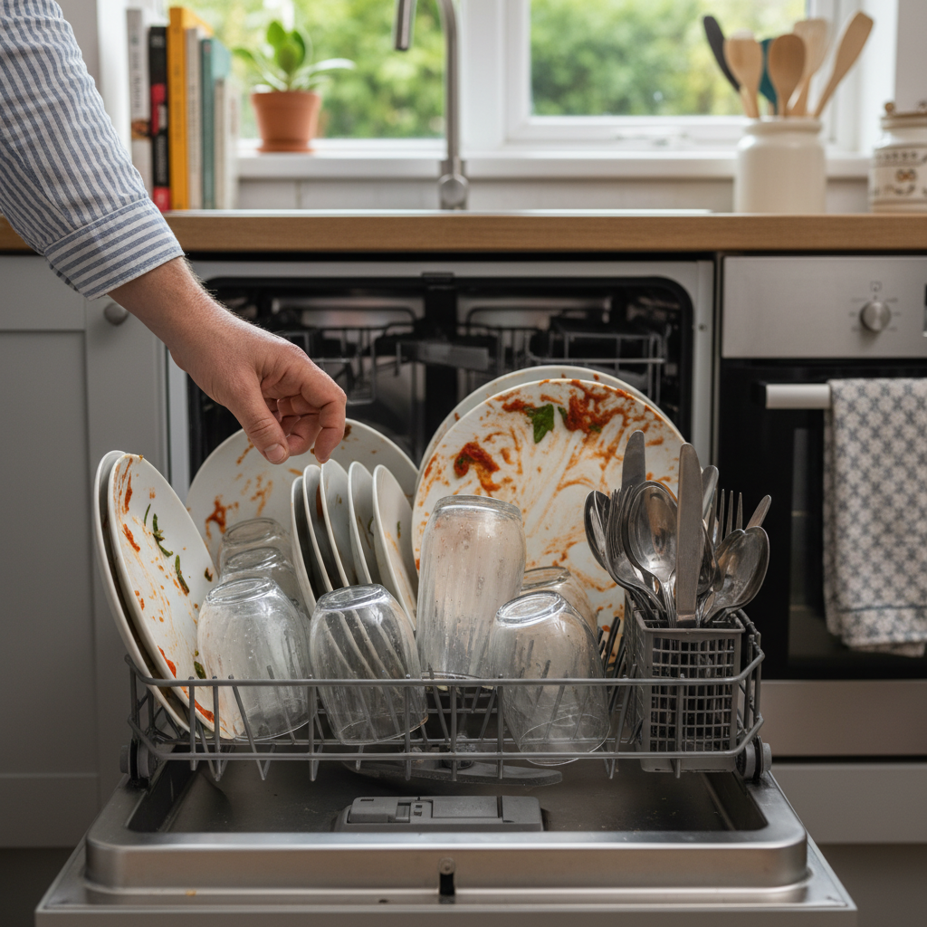 A slightly ajar dishwasher door reveals a rack of dishes inside that are clearly not clean. Plates have dried food particles, glasses show water spots and streaks, and cutlery appears dull. A hand is hesitantly reaching towards the dirty dishes, conveying frustration and disappointment. The kitchen environment behind the dishwasher is tidy but reflects a common household setting. Professional photo with realistic, slightly muted lighting.