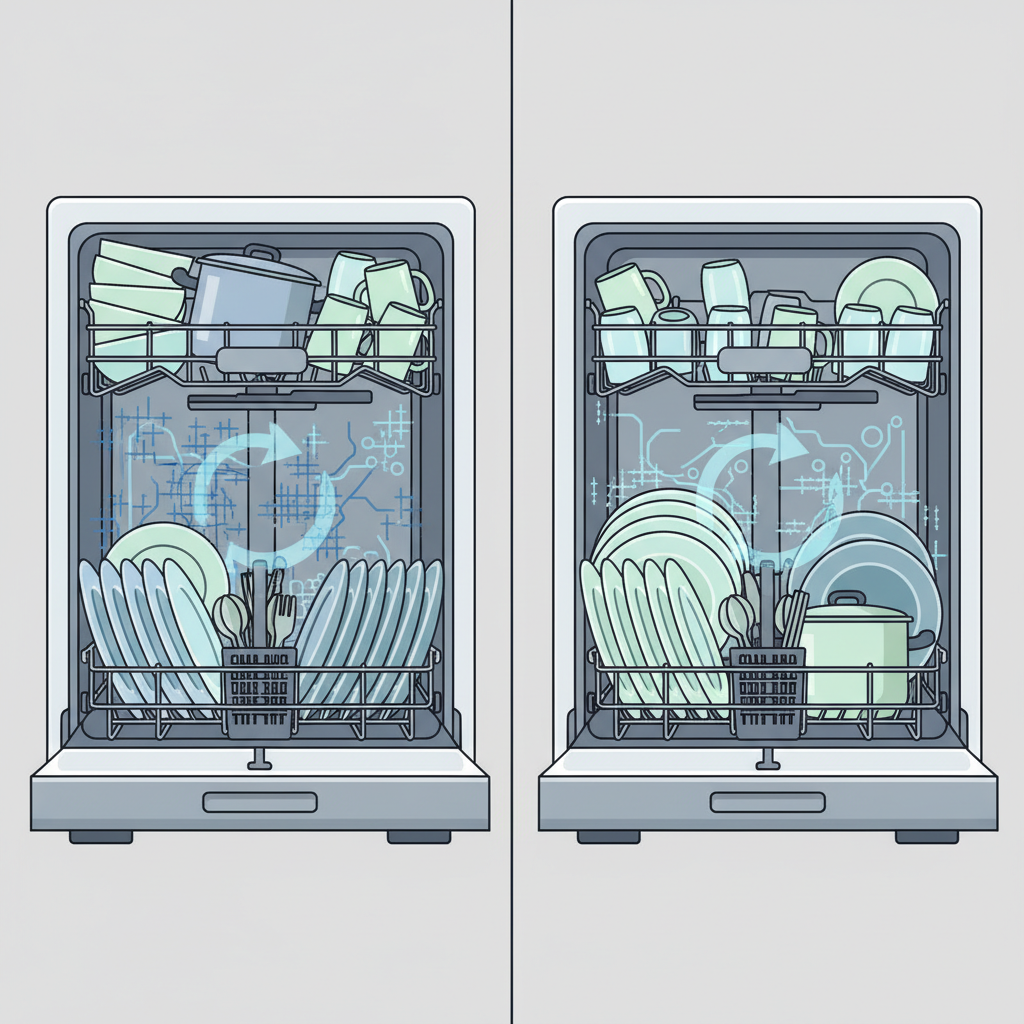 A clean, crisp flat illustration depicting the upper and lower racks of a dishwasher. The image is split to show two scenarios. One side shows an overcrowded, haphazardly loaded section with dishes overlapping and blocking the path of an implied spray arm. The other side demonstrates correct loading with ample space between items, dishes facing downwards, and clear pathways for water circulation. Use subtle visual cues to highlight the difference in water access.