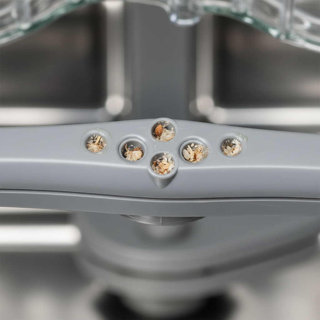 A detailed macro photo of a dishwasher's lower spray arm. Several of the small water jets or nozzles are visibly obstructed with tiny, dried food particles, a build-up of white limescale, and greasy residue. The surrounding plastic of the spray arm is clean, emphasizing the problem areas. The lighting is bright and forensic, highlighting the obstructions in high resolution.