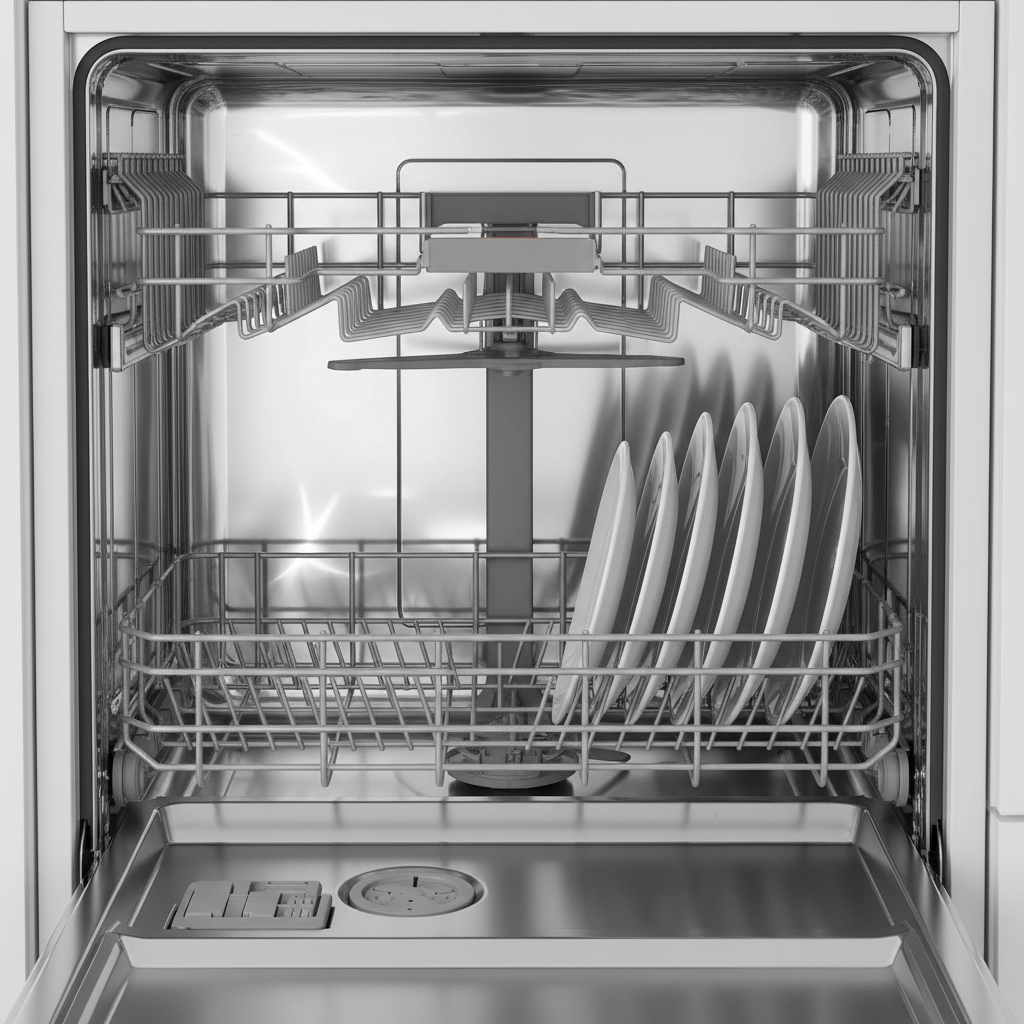 A brightly lit, pristine interior of a modern dishwasher. The racks are sparkling clean, and the filter area at the bottom is visibly clear and spotless. A single stack of brilliantly clean, gleaming white plates is neatly arranged on the lower rack, reflecting light and conveying a sense of freshness and hygiene. Professional photo with a focus on shine and order.
