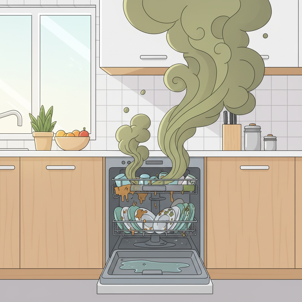 A stylized, slightly cartoonish illustration depicting a modern kitchen interior with a dishwasher as the central focus. Wisps of unpleasant, green or brown smoke-like vapor are visibly emanating from the dishwasher door, curling upwards, suggesting a foul odor. The surrounding kitchen environment is otherwise clean and bright, creating a stark visual contrast. The appliance itself should look somewhat neglected or dirty inside if seen through the open door, hinting at the source of the smell.