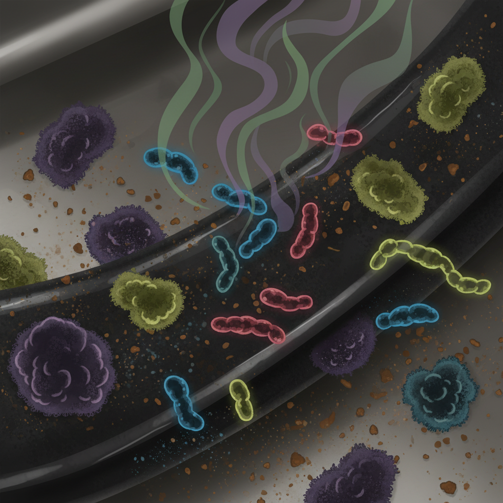 A close-up, macro-photography style illustration of a textured, dirty surface inside a dishwasher, possibly a rubber seal or a grimy corner. On this surface, a vibrant, illustrative representation of various microscopic bacteria and mold spores are seen thriving and multiplying. These microorganisms are depicted with slightly ominous or 'smelly' visual cues, perhaps dark colors or faint, abstract odor lines. The overall feeling should be scientific yet artistic, highlighting the unseen causes of the smell.