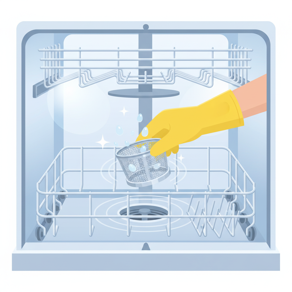 A bright and clean flat illustration showing a sparkling clean dishwasher interior. A hand, possibly wearing a rubber glove, is seen removing or cleaning a filter that is now spotless. The scene should exude freshness and hygiene, with subtle visual cues like sparkling water droplets or a soft, clean glow from inside the appliance. The focus is on the 'solution' aspect – easy cleaning and maintenance.