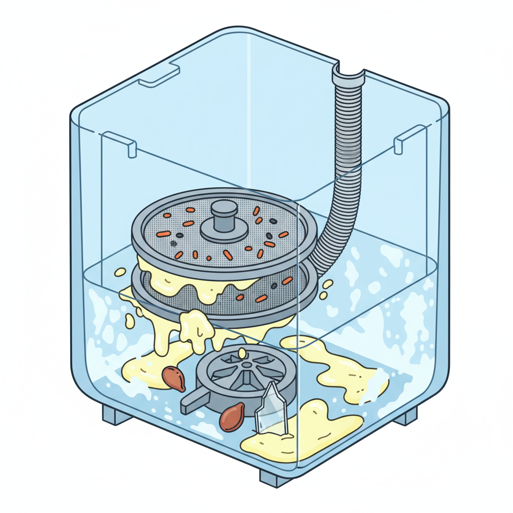 An infographic-style illustration depicting a transparent, cutaway view of the lower section of a dishwasher. Focus on the internal components like the mesh filter, the microfilter beneath it, a segment of the drain hose, and a simplified pump inlet. Show various types of common clogs accumulating: small food particles (rice, seeds), blobs of grease adhering to surfaces, and visible layers of limescale buildup. A small, problematic foreign object like a fruit pit or a shard of glass should also be subtly depicted near the filter or pump inlet. The overall visual should be clean and diagrammatic, using clear, distinct colors to differentiate the debris.