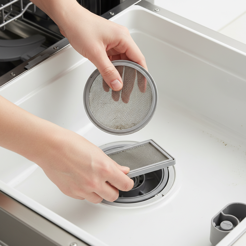 A bright, professional close-up photo of the inside of a dishwasher's bottom basin. A pair of generic, clean hands is carefully interacting with the dishwasher's filter system. One hand holds a removed, slightly soiled circular mesh filter, while the other hand points towards or is in the process of unscrewing/removing the underlying flat microfilter. The interior walls of the dishwasher basin and the filter housing should show subtle signs of residue or mild grime, emphasizing the need for cleaning. The lighting should be natural and inviting, making the task seem approachable. No faces or distracting background elements, just the hands and the filter system.