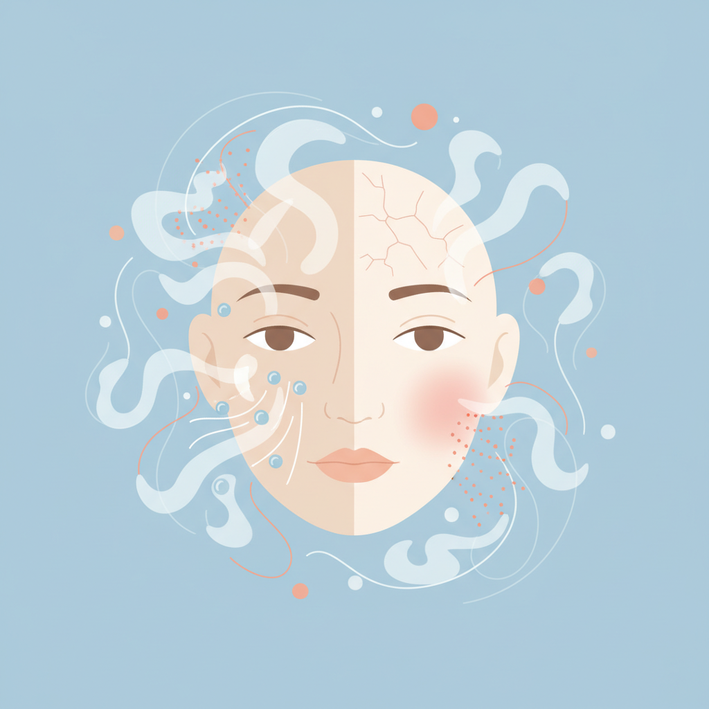 An infographic-style flat illustration demonstrating the interaction of warm water/steam with different skin types during a shower. In the center, a stylized, neutral face is subtly divided into zones representing oily skin (slight sheen), dry skin (very faint, fine lines), and sensitive skin (mild pink blush). Around the face, abstract representations of warm water vapor and droplets are shown flowing. For the oily zone, the steam appears to gently open pores and aid in cleansing. For the dry/sensitive zones, the water/steam is shown with a slightly more cautious interaction, perhaps hinting at potential irritation if not followed by proper care. The aesthetic is clean, uses a professional color palette, and clearly distinguishes skin reactions through visual cues only.