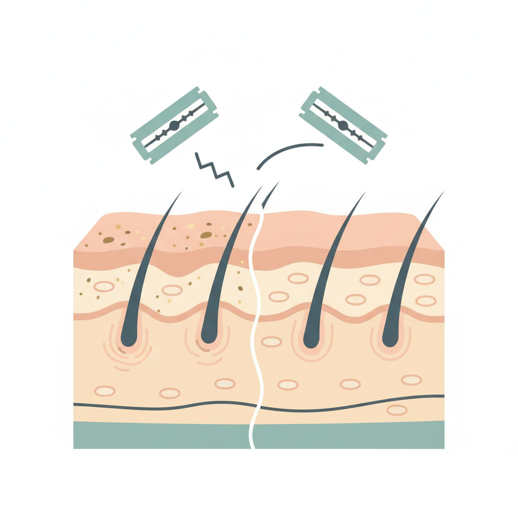 A stylized, close-up cross-section illustration depicting the microscopic view of skin and hair follicles. On the left, visualize the skin surface with tiny particles of dirt, oil, and flattened stubble. On the right, show the same skin area post-cleansing: the surface appears pristine, pores subtly open, and individual hair shafts are visibly lifted and standing upright. A simplified razor blade is depicted gliding effortlessly over the clean, prepped skin on the right, contrasting with a slightly obstructed path on the left. Use a clean, soft color palette in a flat illustration style, emphasizing clarity and the benefits of preparation for shaving.