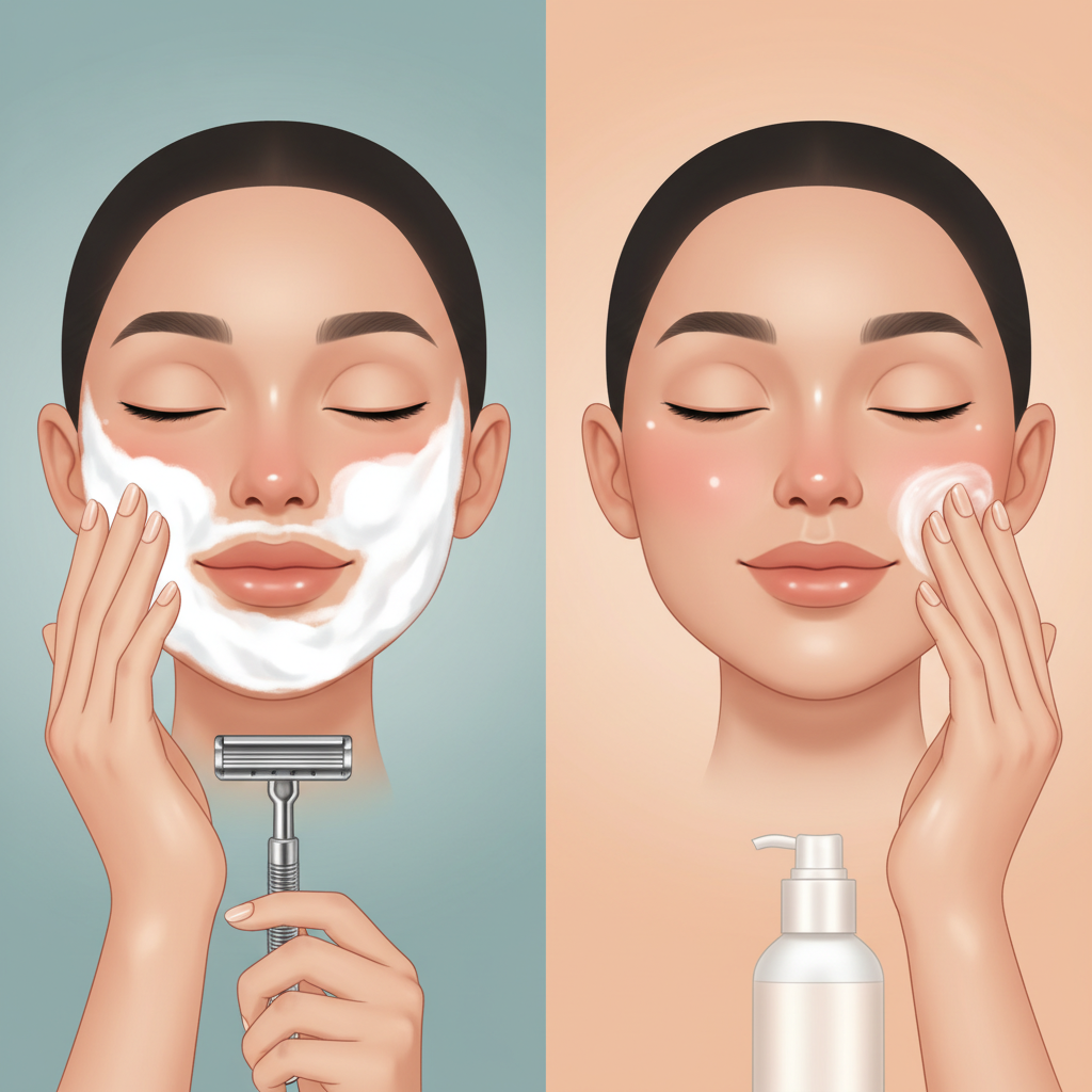 A visually balanced diptych illustration comparing two facial care routines. The left panel shows a male or gender-neutral face mid-cleansing with a gentle foam or product, followed by a razor poised to shave. The skin appears prepped and ready. The right panel shows the same face after shaving, with a smooth, irritation-free appearance, followed by the application of a soothing post-shave cleanser or balm. The overall scene should subtly convey the potential for reduced irritation and optimal results from both approaches, without showing negative outcomes. Use a clean, professional illustration style with soft lighting and natural skin tones.