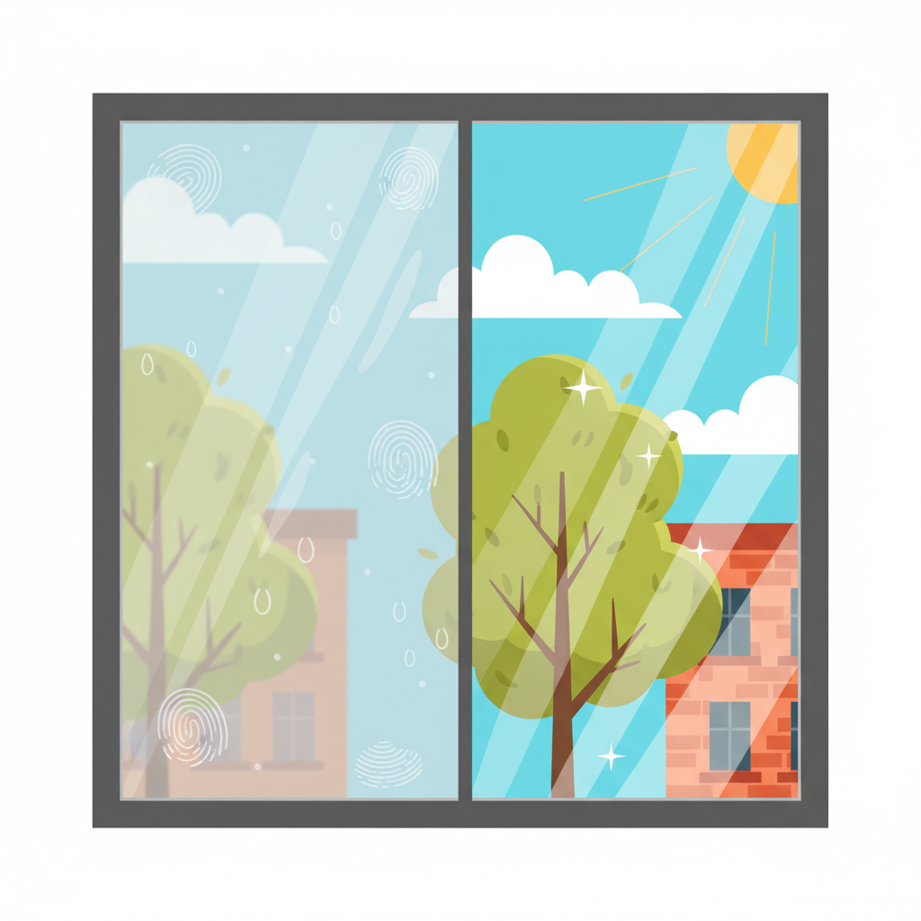 A clean, modern flat illustration depicting a split scene of a large window. The left half of the window is visibly smudged with fingerprints, water spots, and a slight hazy film, making the view beyond appear dull and indistinct. The right half of the window is sparkling, crystal clear, reflecting bright light and offering an unobstructed, vibrant view of a sunny, stylized outdoor scene. The distinction between the dirty and clean glass should be very pronounced and visually impactful, emphasizing clarity and shine.