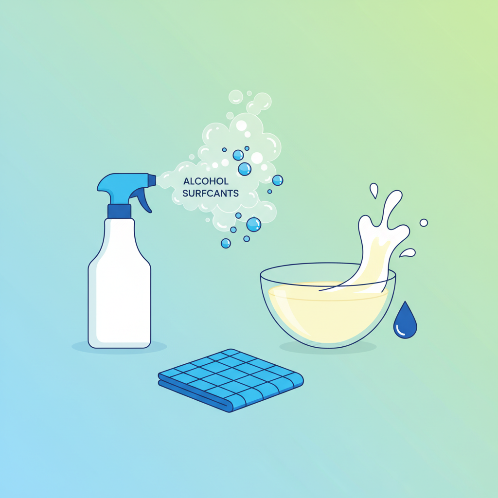 An infographic-style illustration showcasing different cleaning solutions. On one side, a minimalist representation of a spray bottle, with abstract small evaporating wisps and tiny dissolving bubbles symbolizing active ingredients like alcohol and surfactants. On the other side, a simple clear glass bowl containing a translucent liquid with a stylized splash effect of white vinegar, next to a small, distinct drop of dish soap. A folded blue microfiber cloth is subtly placed between the two sections, hinting at a universal cleaning tool. The overall style should be clean, clear, and illustrative with bright, inviting colors.