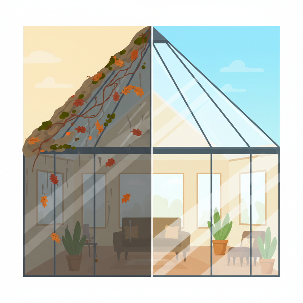 A split-screen or side-by-side illustration of a glass roof. One half depicts the roof covered in accumulated dirt, streaks, moss, and dead leaves, significantly dulling its appearance and blocking sunlight. The other half shows the same section of the glass roof sparkling clean, highly transparent, and reflecting bright, clear daylight. Below the clean section, a flood of vibrant natural light illuminates an interior space. The contrast should be stark, emphasizing the transformation. Flat illustration with clear lines and a bright, inviting color palette.