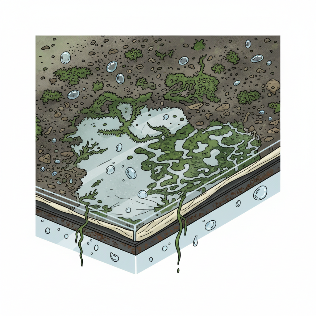 A detailed, slightly magnified illustration showing a cross-section of a neglected glass roof surface. Visible elements include layers of grime, dirt particles, and intricate green moss and algae growing on the glass and perhaps slightly creeping into the seal or frame. Raindrops or condensation beads could be present, contributing to the growth. The glass itself appears dull and partially obscured. The overall style should be a clear, informative infographic-like illustration, highlighting the detrimental accumulation of environmental factors on the glass.
