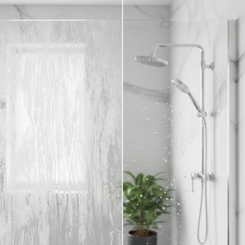 A professional, bright product photo showcasing a modern glass shower enclosure. The image is split or implies a before-and-after comparison. One half of the clear glass panel is visibly obscured by opaque white limescale, dried water spots, and soap scum, making it look dull and hazy. The other half is impeccably clean, sparkling brilliantly and reflecting ambient bathroom light, with individual water beads cleanly shedding off the perfectly transparent surface, conveying a sense of pristine hygiene and shine. The background should be a subtly blurred, contemporary bathroom interior.