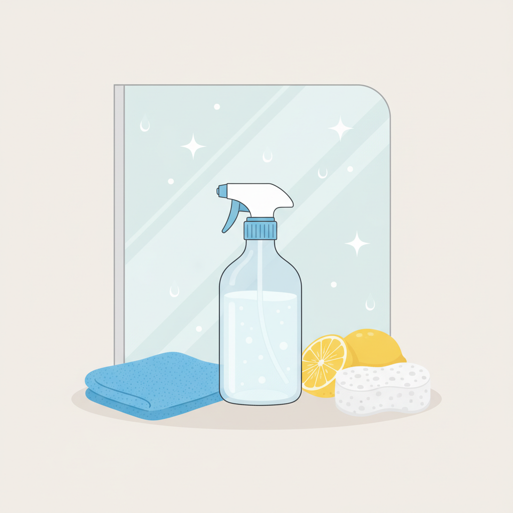 A clean, bright flat illustration depicting the process of cleaning a glass shower using home remedies. In the foreground, a transparent spray bottle is prominently featured, filled with a clear liquid representing vinegar solution, alongside a soft blue microfiber cloth and a gentle white sponge. In the background, a pristine glass shower panel is subtly hinted at, with sparkling visual effects indicating cleanliness, suggesting the results of using these tools. The overall composition should be simple, clear, and highlight the eco-friendly cleaning items.