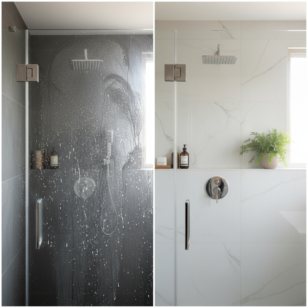 A visually striking 'before and after' image of a modern glass shower wall. On the left side, the glass is visibly clouded with prominent white limescale spots, water streaks, and dull soap scum, partially obscuring the view into the shower. On the right side, the glass is impeccably clear, sparkling clean, reflecting light, and offering an unobstructed, crystal-clear view into a sleek shower interior. The contrast should be sharp, highlighting the transformation from grimy to gleaming. Professional photo style with bright, natural bathroom lighting.
