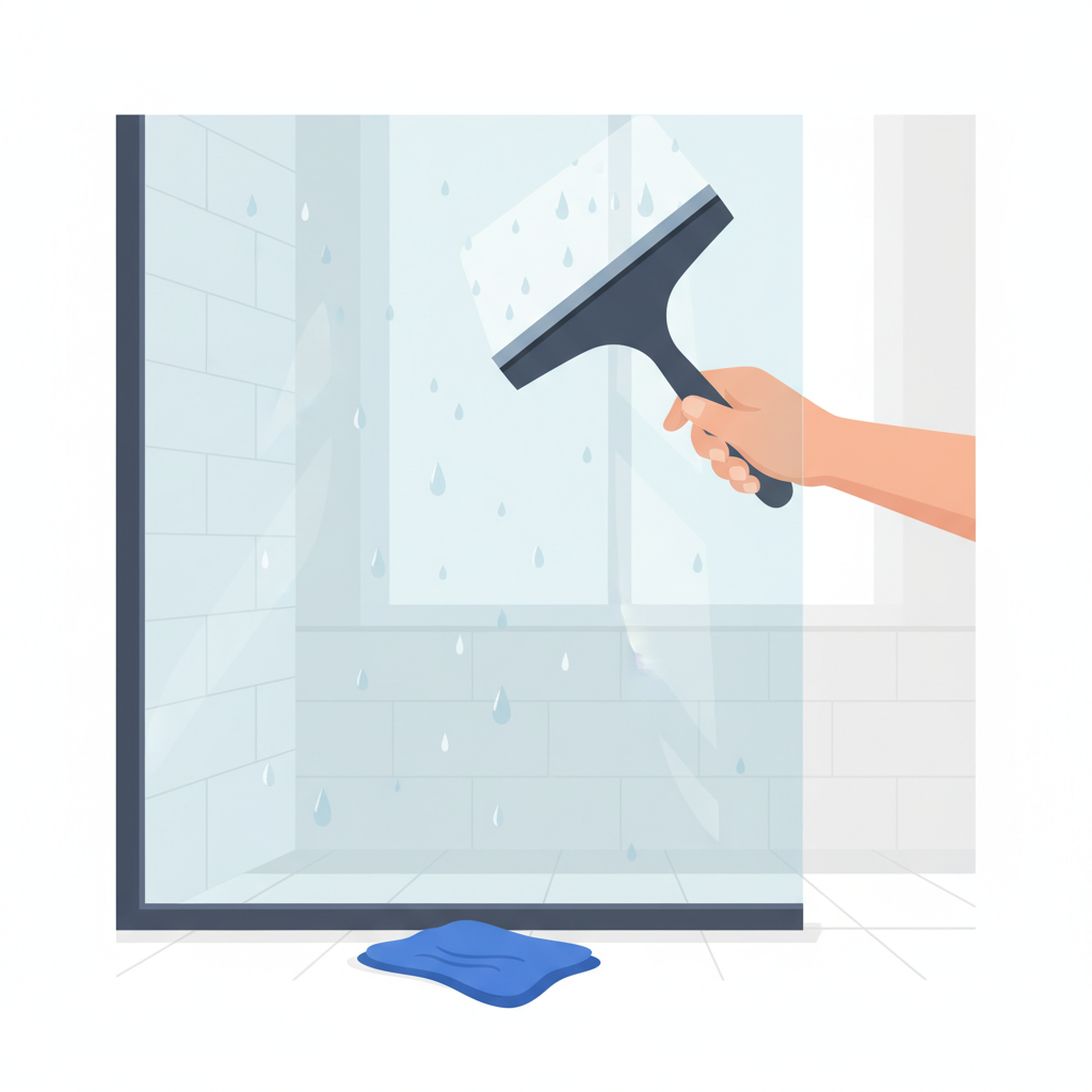 A flat illustration depicting a hand in the process of cleaning a glass shower wall. A modern-looking black or grey squeegee is being used to effectively remove water droplets and leave a clean streak on the glass. In the background or foreground, a neatly folded, clean microfiber cloth is visible, suggesting the next step in the routine. The overall aesthetic should be bright, minimalist, and convey a sense of effortless cleanliness and efficiency. The shower wall itself should reflect a clean, light bathroom environment.
